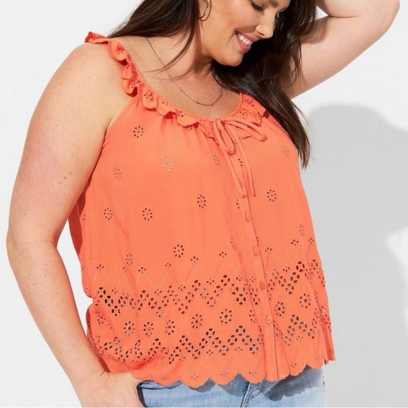 NWT Torrid Plus Sized Bright Coral Orange Eyelet Ruffle Tank Top Blouse SIZE 5X - Picture 1 of 11